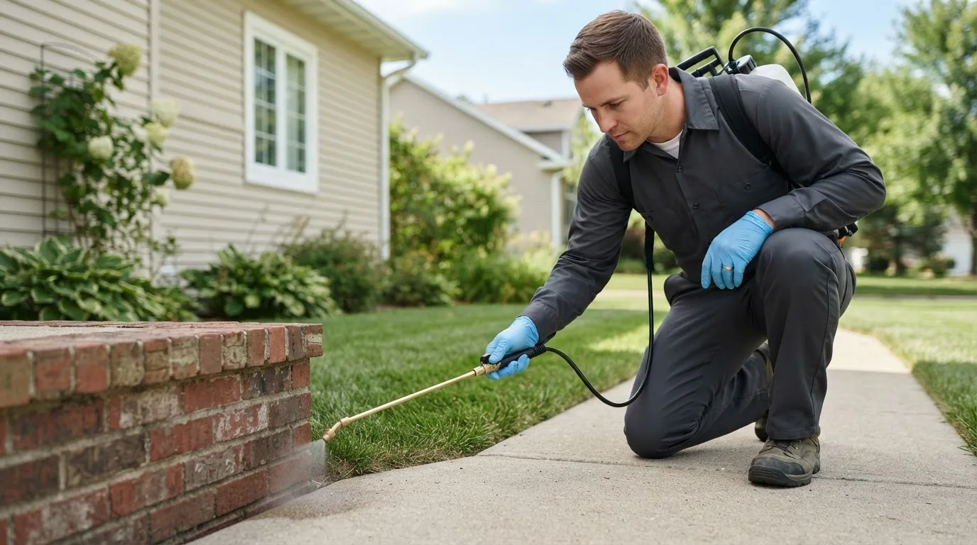 Pest control technician treating a home near South Lancaster, MA