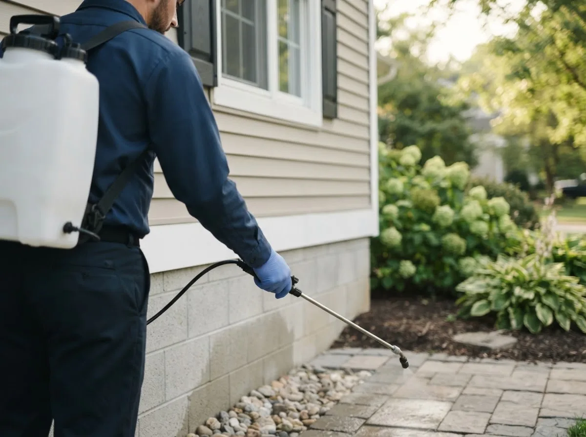 Pest control technician inspecting a home in South Lancaster, MA